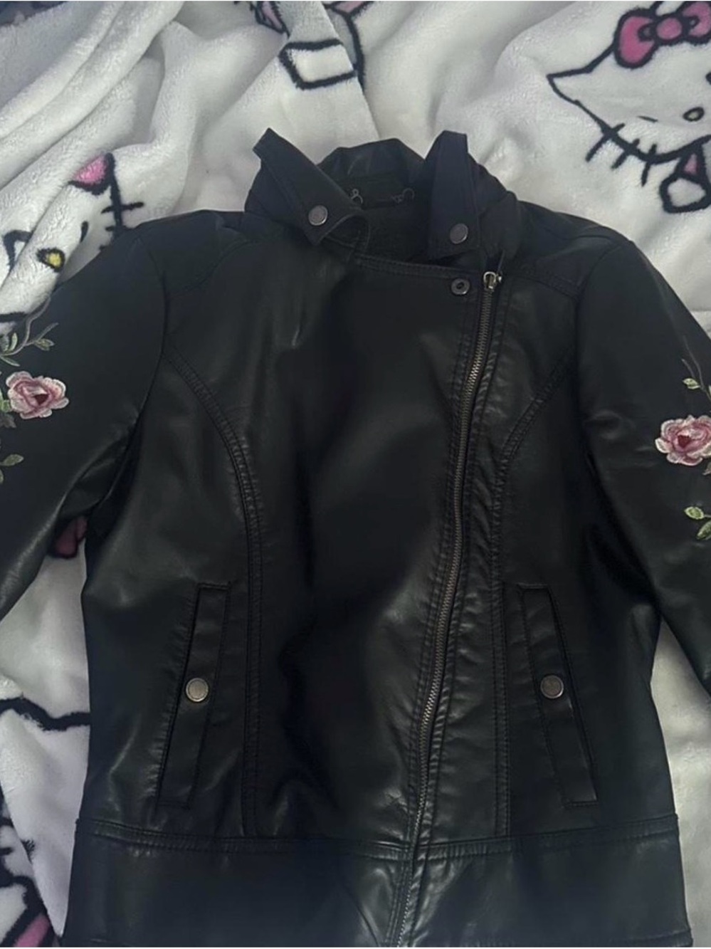 joujou black faux leather jacket with rose embroidery on the sleeves